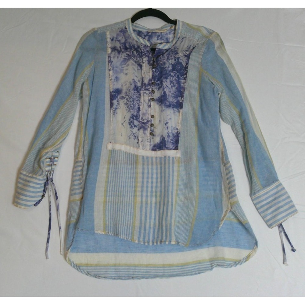 Soft Surroundings Womens S Tunic Top Blue Striped Floral Lace Up Mixed Media